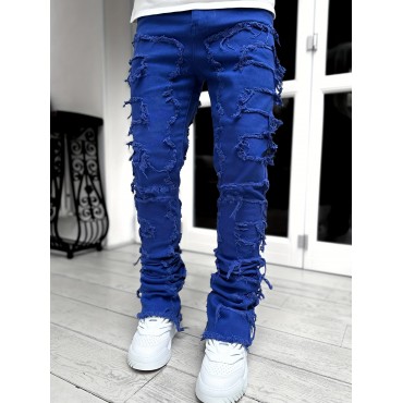 Creative Tassels Decoration Straight Fit Jeans, Men's Casual Medium Stretch Street Style Denim Pants For All Seasons