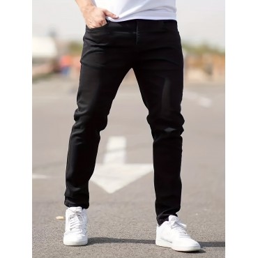 Classic Design Slim Fit Cotton Jeans, Men's Casual Street Style Solid Color Mid Stretch Denim Pants For Spring Summer Classic Design Slim Fit Cotton Jeans, Men's Casual Street Style Solid Color Mid Stretch Denim Pants For Spring Summer