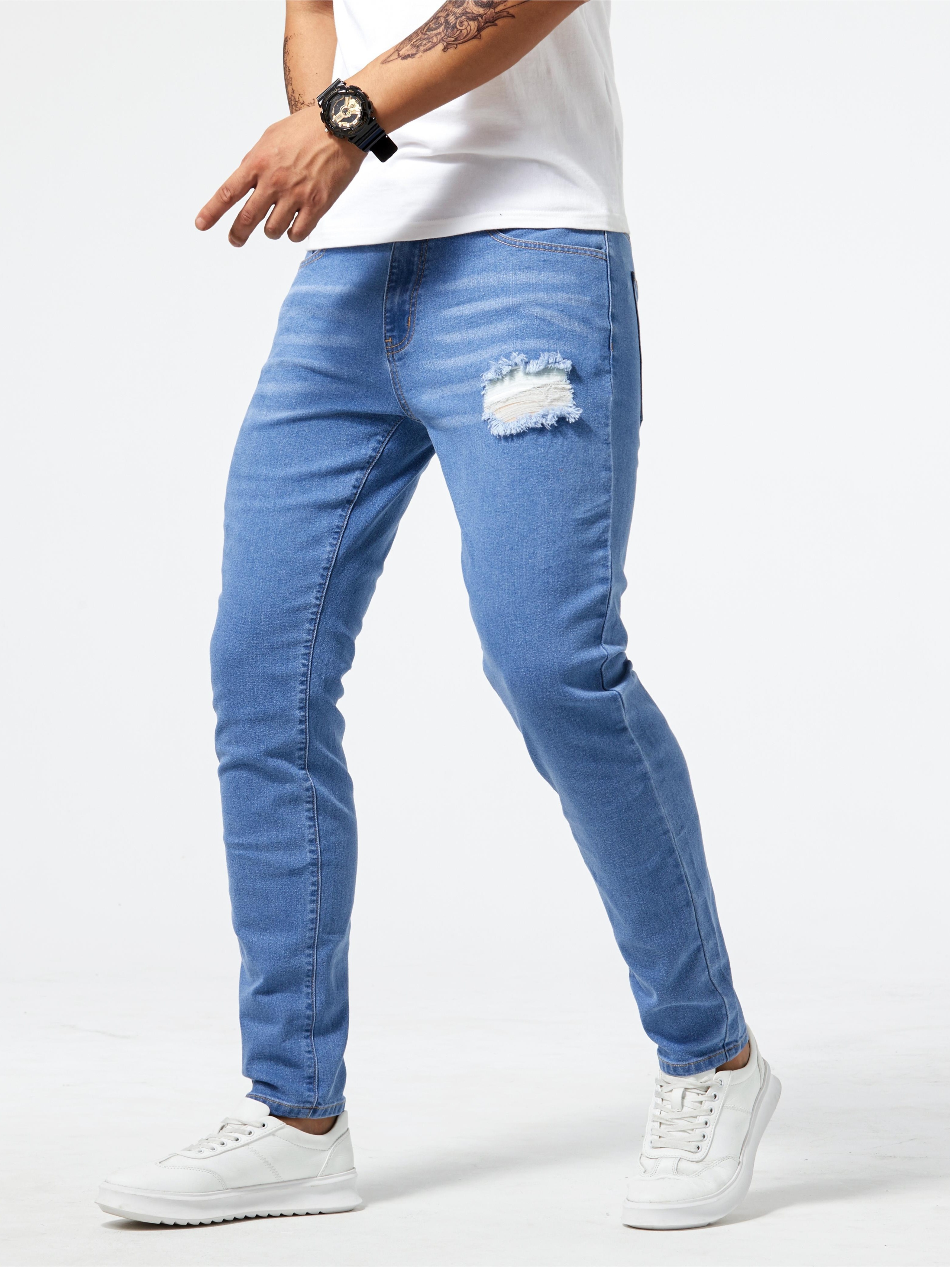 mens casual light blue ripped denim jeans details 5