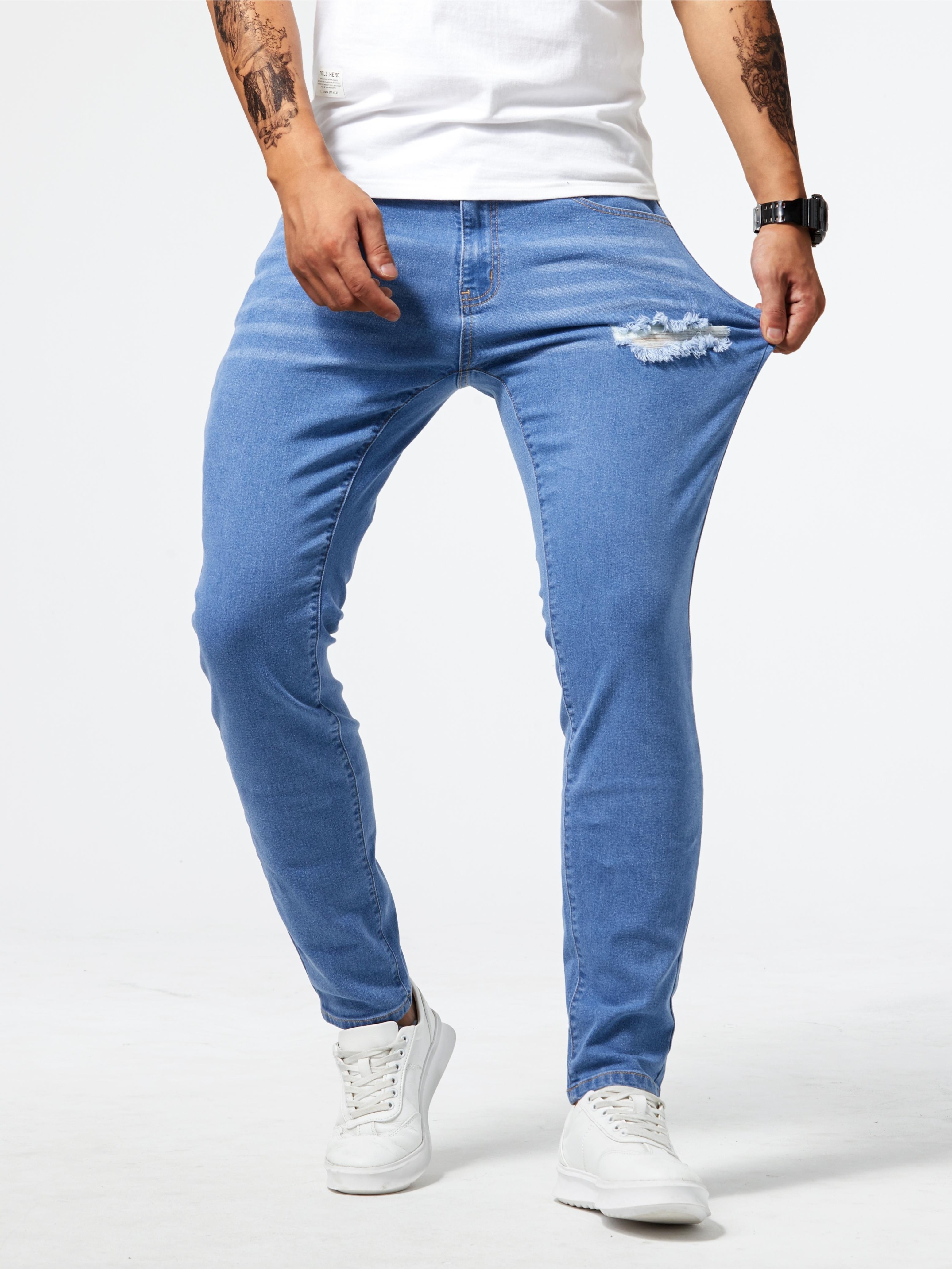 mens casual light blue ripped denim jeans details 7