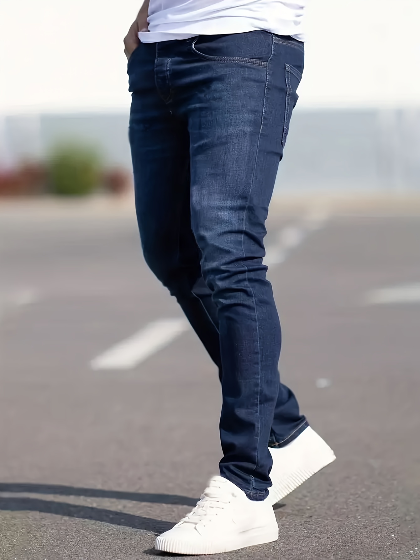 slim fit cotton jeans mens casual solid color mid stretch denim pants for spring summer details 2